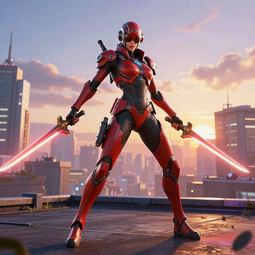 CGI image of a red-and-black armored female warrior with glowing red lightsabers, standing confidently on a rooftop at sunset, cityscape background.