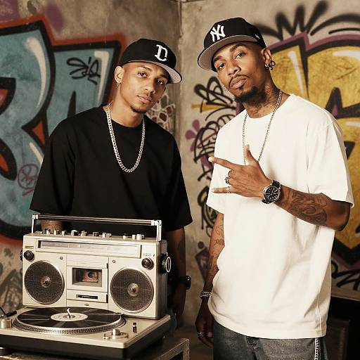Photograph of two African-American men in black and white clothes, wearing NY caps, standing beside a vintage boombox against graffiti-covered wall.