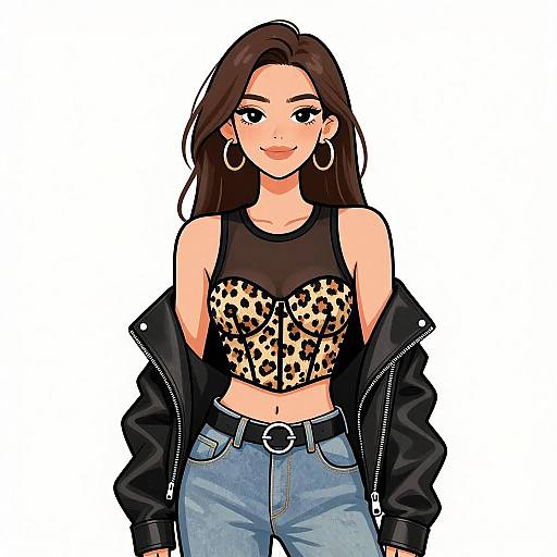 Digital anime-style drawing of a smiling woman with long brown hair, wearing a leopard-print crop top, black jacket, and blue jeans.
