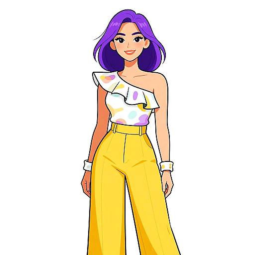 Digital illustration of a smiling woman with purple hair, wearing a white one-shoulder top with purple accents and high-waisted yellow pants.
