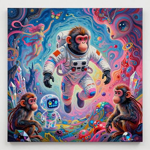 Vibrant digital artwork of a baboon in a spacesuit, surrounded by colorful, swirling background, smaller baboons, robot, and glowing elements