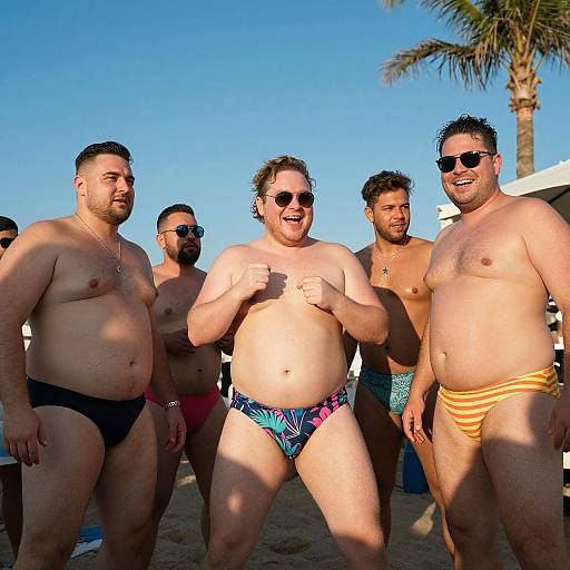 Photograph of five shirtless, middle-aged men in swim trunks, standing on a sunny beach, smiling and wearing sunglasses, with a palm tree