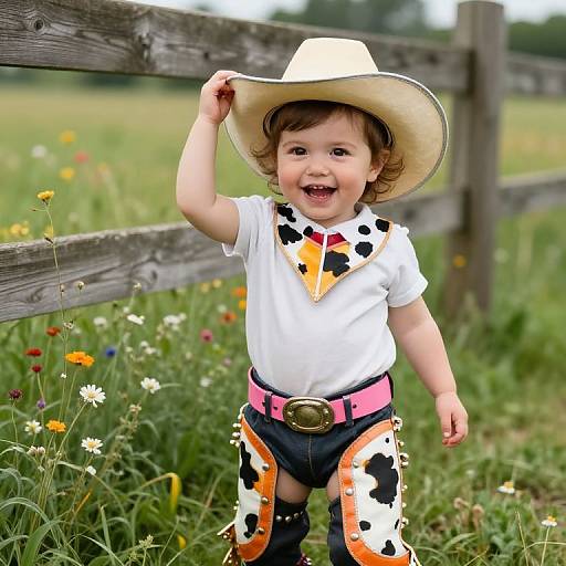 Photograph of a smiling toddler in a white shirt, cow-print pants, pink belt, and white hat, standing in a grassy field with colorful