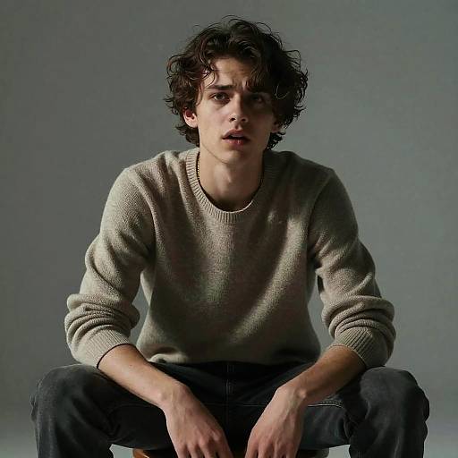 Photograph of a young man with curly dark hair, wearing a beige sweater and dark pants, sitting against a plain gray background. He has a serious