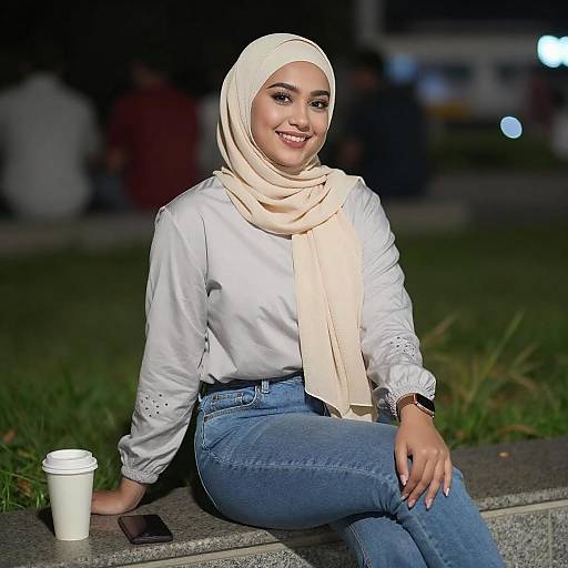 Smiling Woman in Hijab at Night