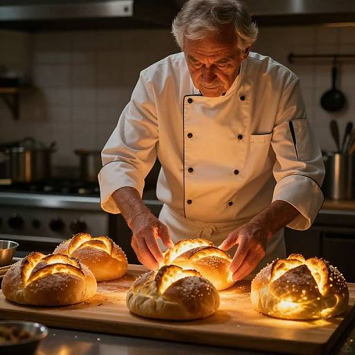 Elderly Chef with Glowing Bread Loaves