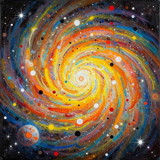 Vibrant digital artwork of a colorful, swirling galaxy with bright orange-yellow center, surrounded by multicolored rings, stars, and a small planet
