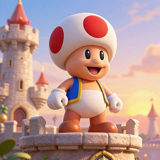Digital CGI of Mario, a chubby, white-capped, red-spotted character in blue vest, standing on a stone turret with castle towers in the