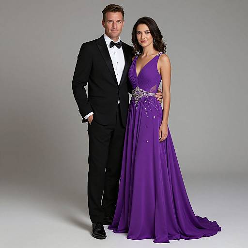 Photograph of a handsome man in a black tuxedo and a beautiful woman with long dark hair in a purple, V-neck gown, standing closely