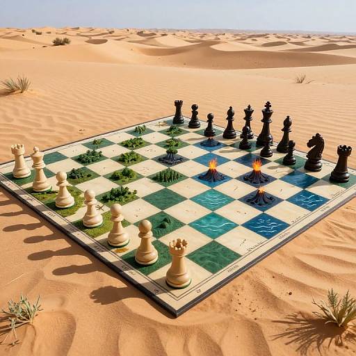 Photograph of a chessboard with black and white pieces on a desert sand dune, featuring grass tufts and two burning pieces.