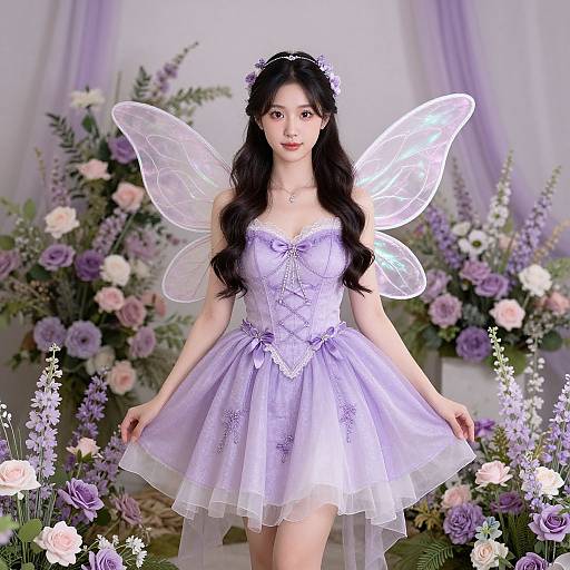 Photograph of an Asian woman with long black hair, wearing a lavender fairy dress, transparent wings, and a flower crown, standing in a floral garden