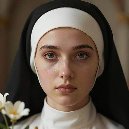 Photograph of a young Caucasian nun with fair skin, blue eyes, and black and white habit, wearing a white veil, with white flowers in the