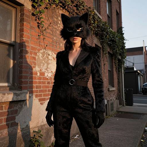 Photograph of a woman in a black cat costume with fur, mask, and belt, standing on an urban, sunlit brick alley.