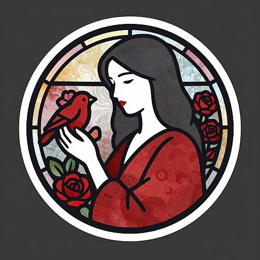 Stylized Woman with Roses and Bird