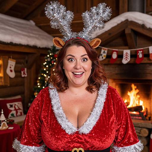 Photograph of a smiling, curvy woman with brown hair, wearing a red velvet Santa dress with white fur trim and silver antler headband,