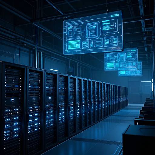Digital illustration of a dark, futuristic data center with blue-lit server racks and glowing circuit board displays hanging from the ceiling.