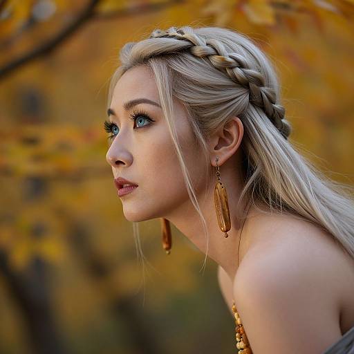 Photograph of a blonde woman with braided crown, wearing gold earrings and necklace, looking to the left against an autumn leaf background.