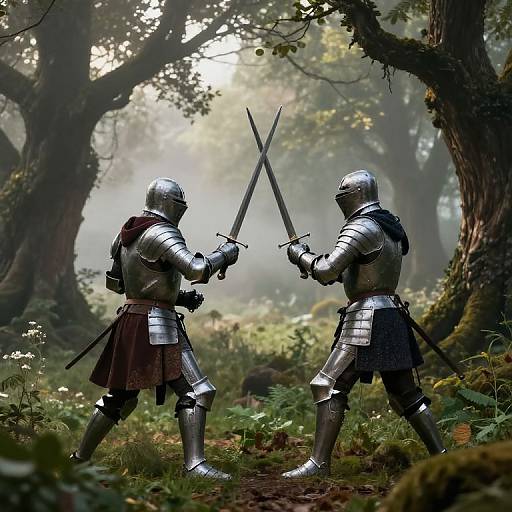 Medieval Knights Duel in Misty Forest