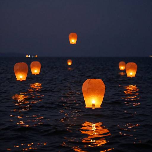 Photograph of glowing orange paper lanterns floating on dark blue ocean water at night, with reflections and distant blurred lights.