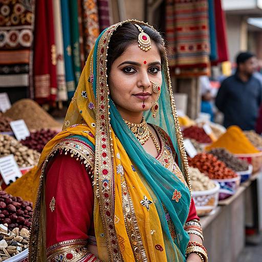 Photograph of a South Asian woman in a vibrant yellow and turquoise saree with gold embroidery, wearing traditional jewelry, standing in a colorful spice market stall