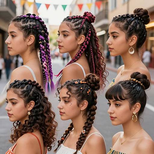 Photograph of six young women with diverse braided hairstyles, wearing gold hoop earrings and white tops, standing in a colorful, urban street.