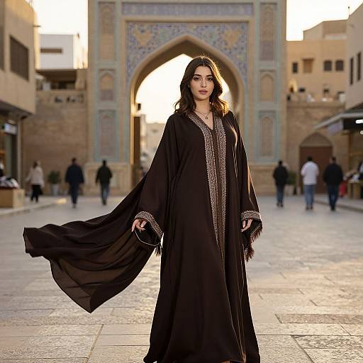 Photograph of a dark-haired woman in a black, embroidered, long-sleeve robe standing in front of an ornate, arched mosque entrance