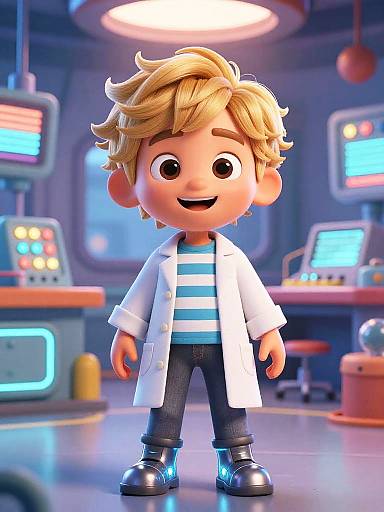 3D Cartoon Boy in Futuristic Lab