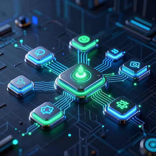 Photograph of glowing, neon-lit, hexagonal computer chips with blue and green lights arranged on a dark circuit board, interconnected with blue lines.
