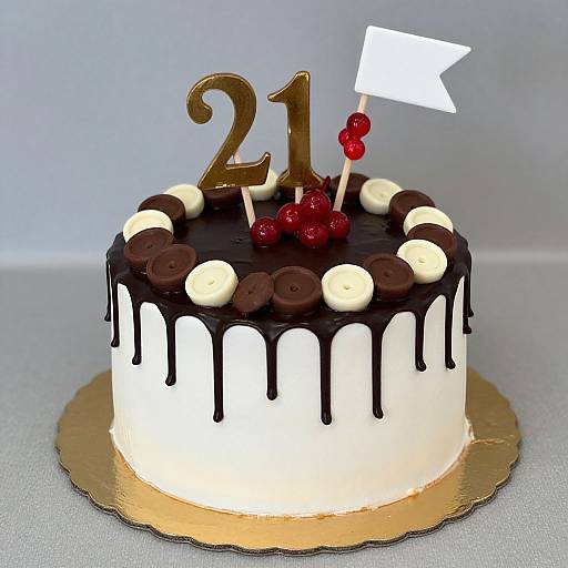 Photograph of a chocolate and white frosted birthday cake with 