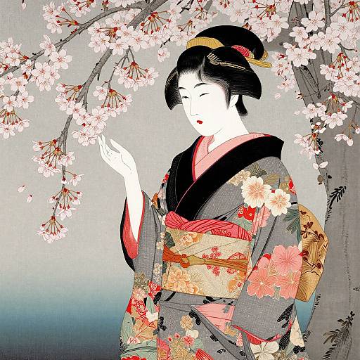 Digital illustration of a serene Japanese woman in a floral kimono, standing beneath blooming cherry blossoms, gracefully raising her hand.