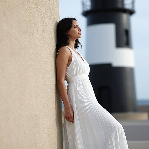 Photograph of a brunette woman in a flowing white dress leaning against a beige wall, with a black-and-white lighthouse in the background. She gaz