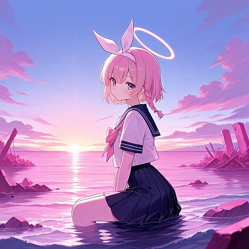 Anime Girl with Halo Sitting in Water at Sunset