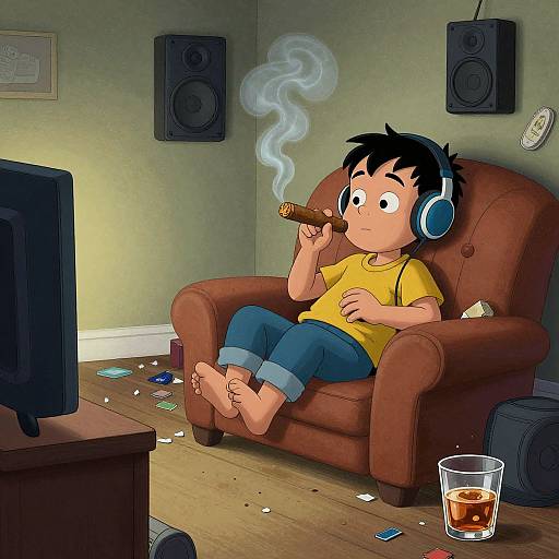 Cartoon boy in yellow shirt, blue jeans, headphones, smoking cigar, in red armchair, playing video game, room with speakers, mess on