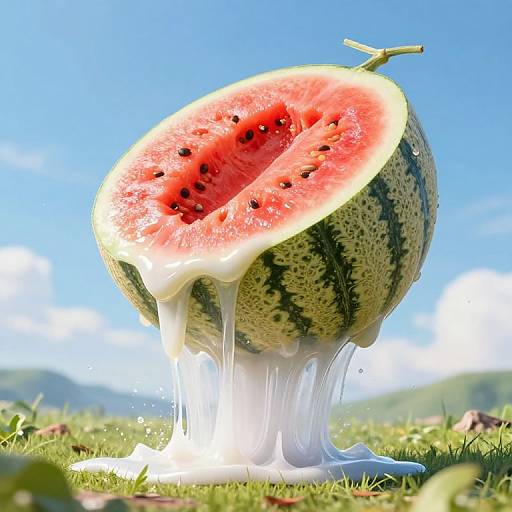 Photorealistic CGI: Halved watermelon with dripping white liquid, green-black striped rind, red juicy interior, set on grassy field under
