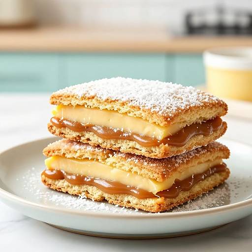 Photograph of two stacked, sugar-dusted, caramel-filled sandwich cookies on a white plate, bathed in bright sunlight. Blurred kitchen background.
