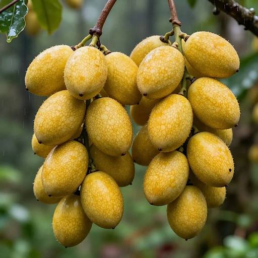 Photograph of two clusters of yellow, fuzzy, raindrop-covered persimmon fruits hanging from a branch in a lush, green forest background.