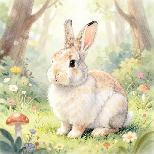 Digital painting of a fluffy, light brown rabbit with dark eyes sitting in a sunlit, colorful meadow filled with flowers and mushrooms.