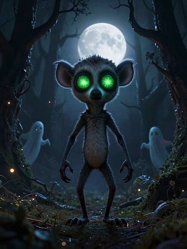 Digital art of a glowing-eyed, eerie, dark forest creature with green eyes, standing under a full moon, surrounded by ghostly figures.