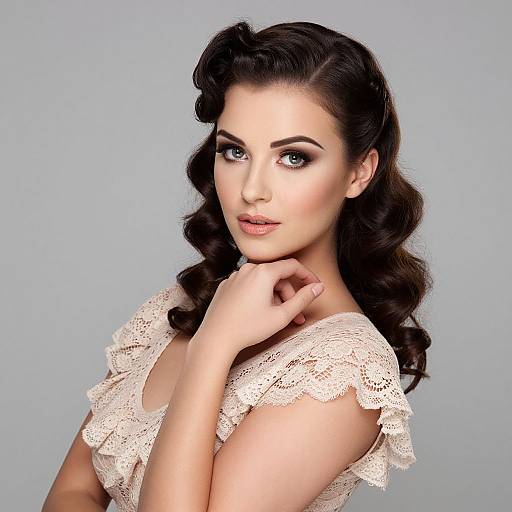 Photograph of a beautiful woman with fair skin, dark wavy hair, blue eyes, and lace top, posing against a plain gray background.