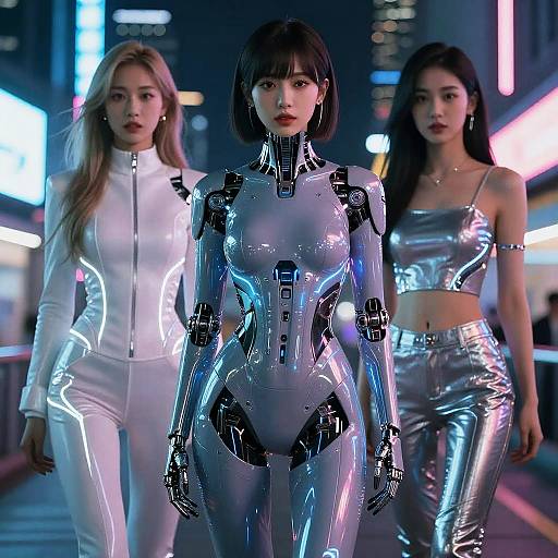 Cyberpunk city night scene: three women in futuristic outfits, central figure in metallic, robotic bodysuit flanked by women in white and silver