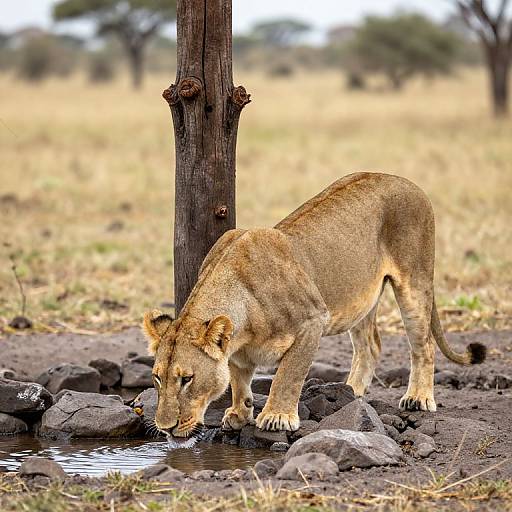 Photograph of a golden-brown lioness with a sleek coat, drinking from a small puddle beside a tree in a dry, rocky savanna