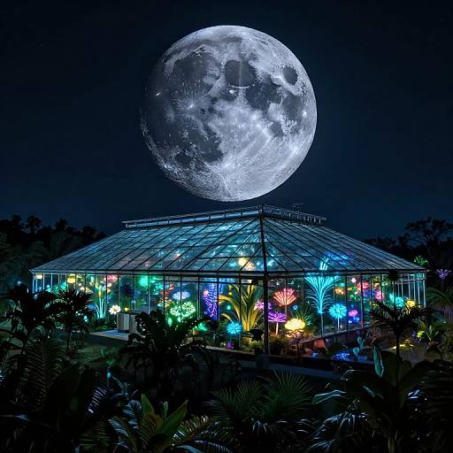 Photograph of a glowing glass conservatory with colorful neon plants under a large, illuminated full moon in a dark night sky.
