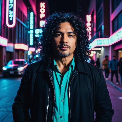 Curly-Haired Hispanic Man in Neon City Street
