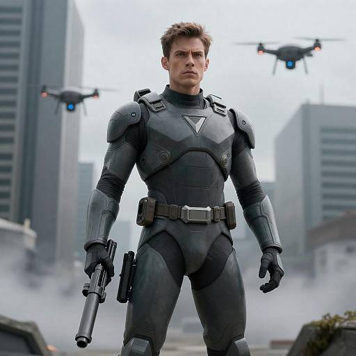 Futuristic Male Superhero in Gray Armor