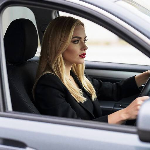 Blonde Woman in Gray Car with Intense Gaze