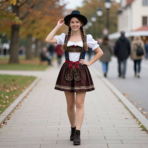 Photograph of a smiling young woman in a black hat, white blouse, brown dirndl with red ribbon, black boots, walking on a park path