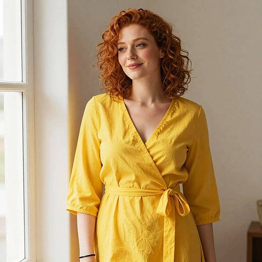 Red-haired woman in yellow wrap dress by window