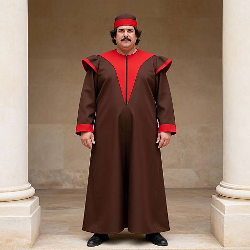 Photograph of a middle-aged man with a mustache, wearing a brown traditional robe with red accents, and a red headband, standing between white