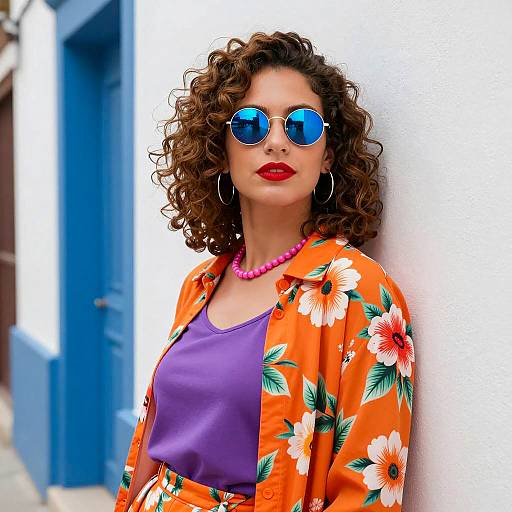 Stylish woman in floral jacket with blue sunglasses