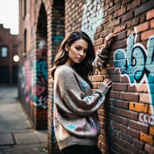 Young Woman in Oversized Sweater by Graffiti Wall